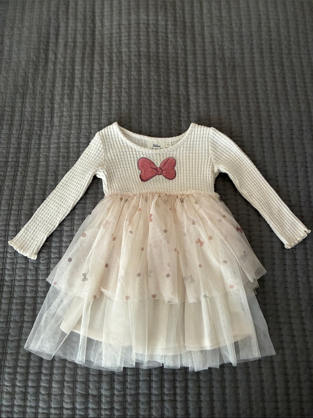 Disney Girls Cream Tulle Dress with Pink Bow